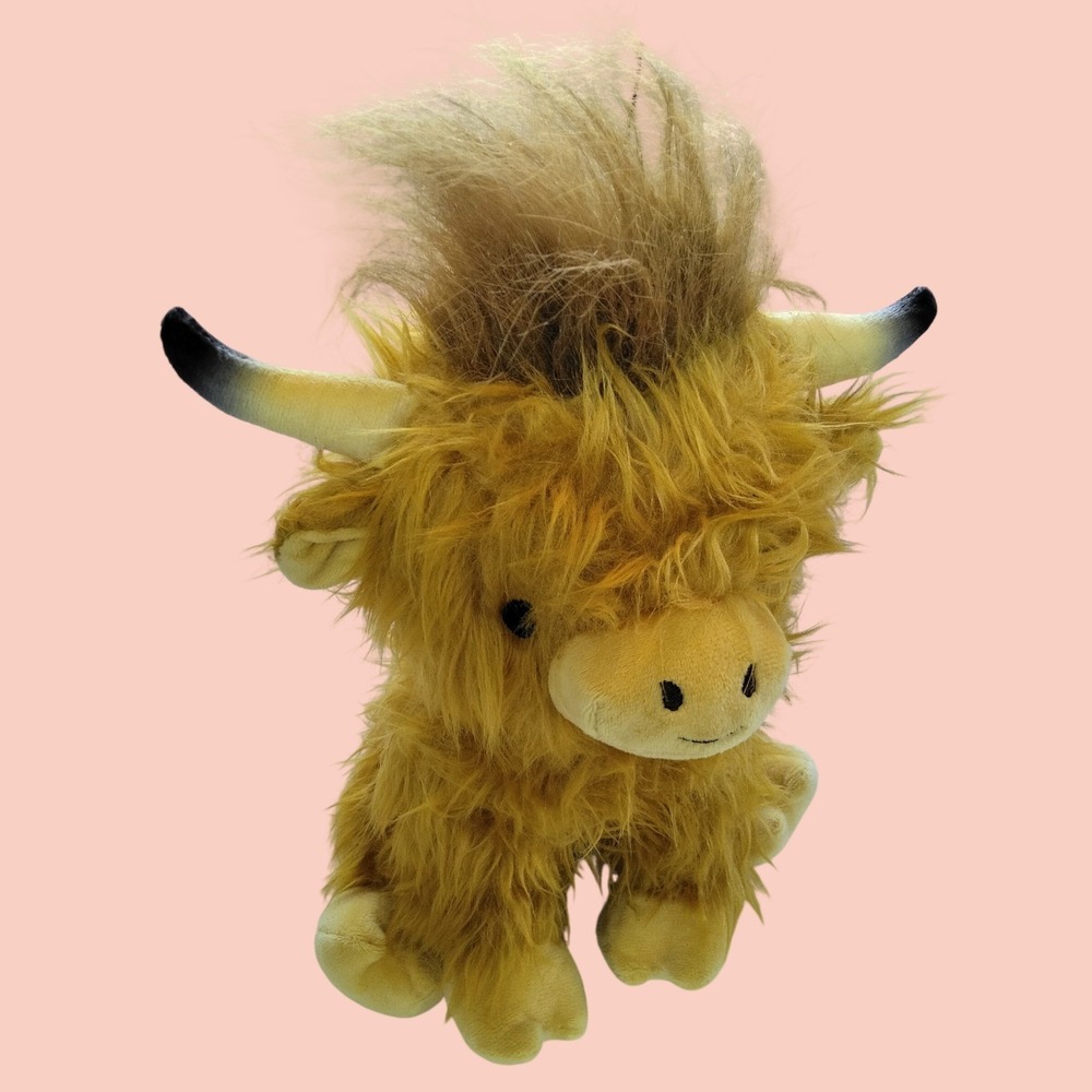Highland Cow Plush Stuffed Animal Shaggy Long Hair Orange 11" Embroidered Eyes